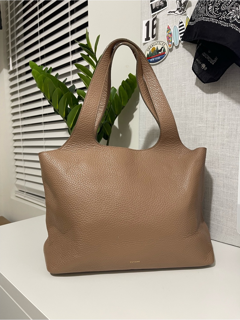 CUYANA 13” system tote bag purse Minimalist Taupe Leather cappuccino brown